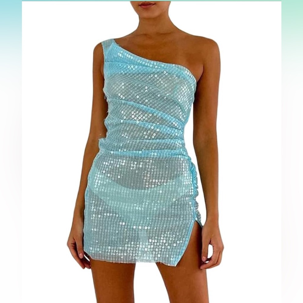 Sheer off the shoulder, sequin mini dress